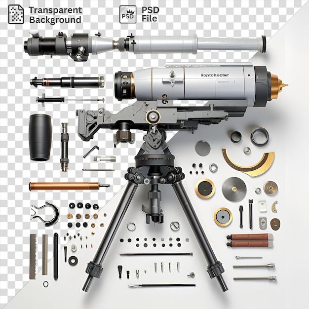 Isolierte astronomie-enthusiasten teleskop und zubehör auf einem transparenten hintergrund mit einem schwarzen stativ und einer silber-grauen kamera