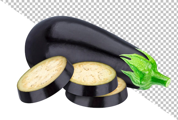 Isolierte Aubergine. Ganze und geschnittene Auberginen isoliert auf weißem Hintergrund, mit Beschneidungspfad