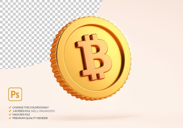 Isolierte Bitcoin BTC-Goldmünze auf neutralem Hintergrund in realistischer 3D-Darstellung