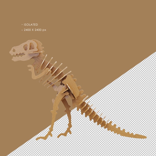 Isolierte braune Holzspielzeug Puzzle Dinosaurier-Skelett T-Rex-Modell von der linken Seite anzeigen
