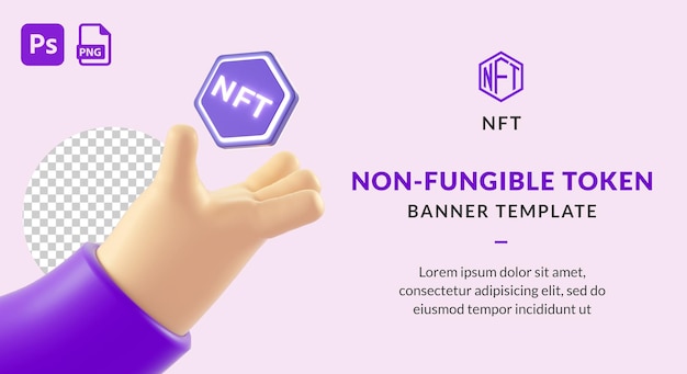 Isolierte Cartoon-Hand mit einem NFT-Token und Kopierraum für eine Banner-Hintergrundvorlage in 3D-Darstellung