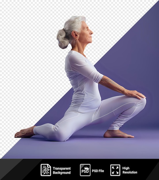 isolierte eine ältere Dame, die zu Hause Yoga macht, barfuß und graue Haare trägt, ein weißes Hemd trägt und eine Hand an ihr Ohr hält, während ihr weißes Bein im Vordergrund sichtbar ist