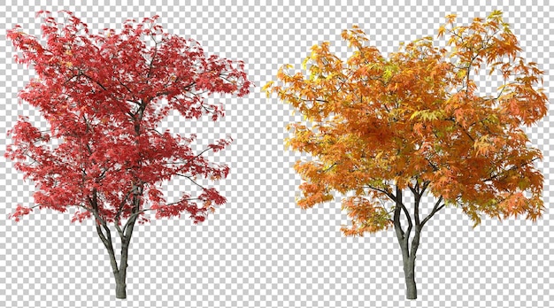 PSD isolierte herbstbäume mit roten und orangefarbenen blättern umwelt 3d-illustration