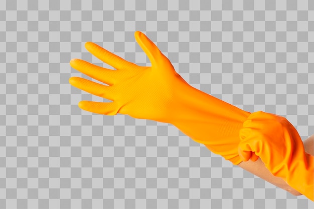 PSD isolierte menschliche hand trägt einen schützenden gummihandschuh