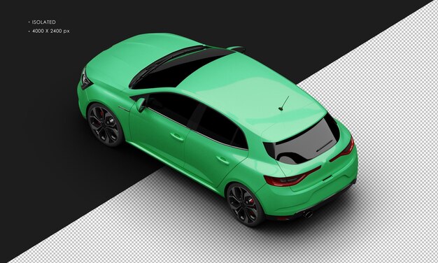 Isolierte realistisch glänzende metallisch grüne Sport Luxury Elegant City Car von oben links Rückansicht
