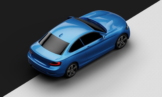 Isolierte realistische, glänzende, metallisch blaue, moderne, elegante Stadtlimousine von der oberen rechten Rückansicht