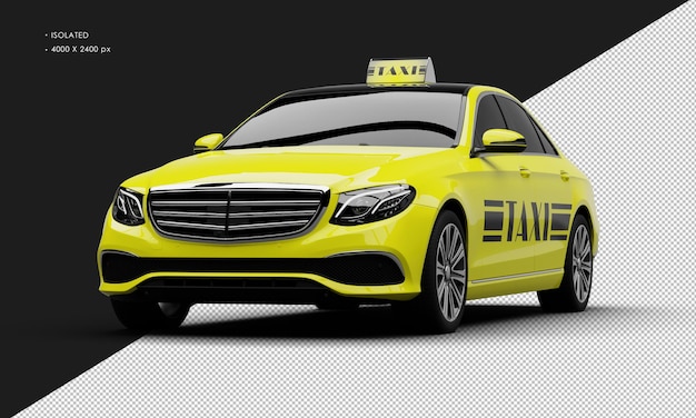 Isolierte, realistische, glänzende, metallisch gelbe luxus-stadttaxi-auto von der linken vorderansicht