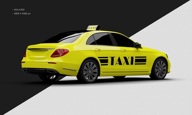 PSD isolierte, realistische, glänzende, metallisch gelbe luxus-stadttaxi-auto von der rechten rückansicht