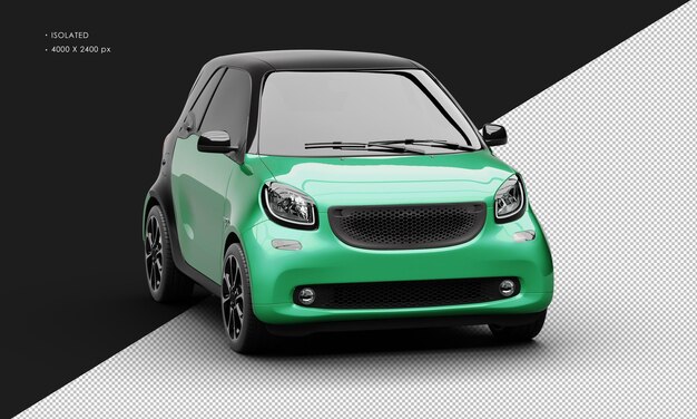 Isolierte, realistische, glänzende, metallisch grüne, moderne Sport-Mini-Stadtautos von der rechten Vorderansicht