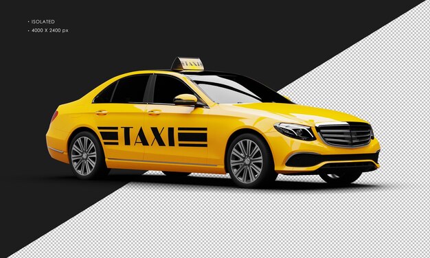 PSD isolierte, realistische, glänzende, metallisch orangefarbene luxus-stadttaxi von der rechten vorderansicht