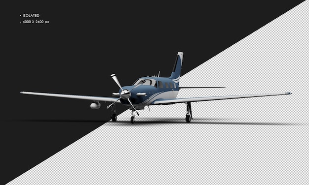 Isolierte realistische mattblaue einmotorige Turboprop-Luxusflugzeug von der linken Vorderansicht