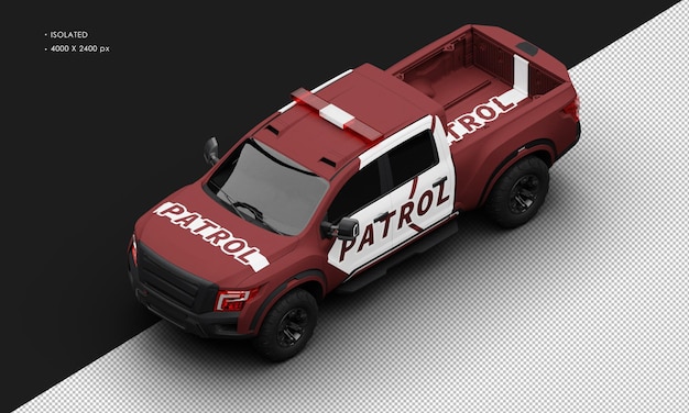 Isolierte realistische matte red patrol pickup truck auto von oben links vorderansicht