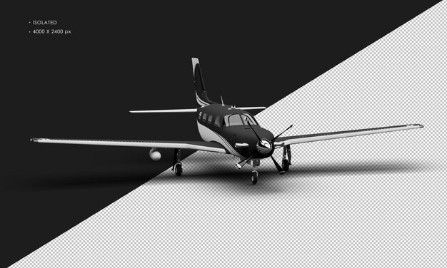 Isolierte, realistische, mattschwarze, einmotorige Turboprop-Luxusflugzeug aus der rechten Vorderansicht