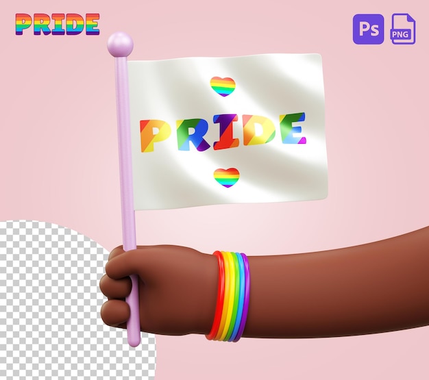 Isolierte schwarze Hand mit einer Pride-Unterstützungsfahne auf transparentem Hintergrund für die Feier des LGBTQIA-Pride-Monats. Ausgeschnittenes Objekt in 3D-Illustration