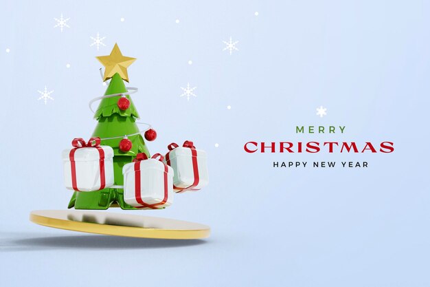 Isolierte Weihnachten und Neujahr 3D-Rendering-Modell mit Weihnachtsbaum und Geschenkbox