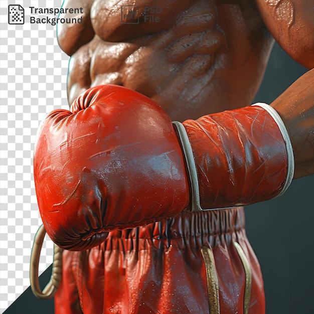 PSD isolierter 3d-boxer im ring, der einen roten lederhandschuh mit einem haarigen arm im vordergrund hält