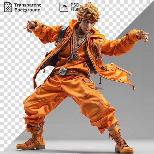 PSD isolierter joseph joestar aus jojos bizarre adventure posiert für ein foto in einem orangefarbenen outfit mit einem schwarzen gürtel und braunen stiefeln er accessorisiert mit einer silbernen halskette und hat blonde