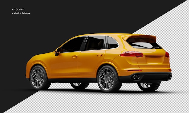 Isolierter realistischer, glänzend orangefarbener, moderner luxus-sportwagen von der linken rückansicht