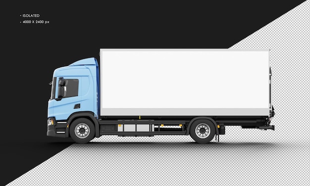 Isolierter realistischer glänzender blauer big box transit truck von der linken seitenansicht