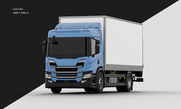 Isolierter realistischer glänzender blauer Big Box Transit Truck von der linken Vorderansicht