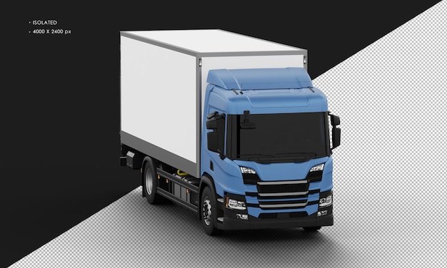 Isolierter realistischer glänzender blauer Big Box Transit Truck von der rechten Vorderansicht