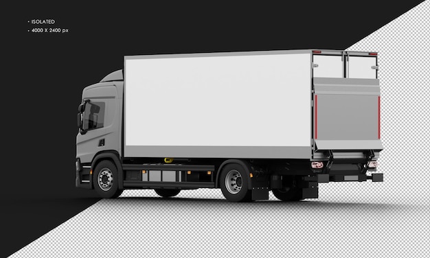 PSD isolierter realistischer glänzender grauer big box transit truck von der linken rückansicht