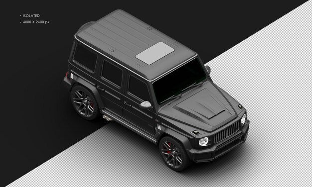 Isolierter realistischer Matte Black Twin Turbo Vierradantrieb Luxus-Suv-Auto von oben rechts vorne