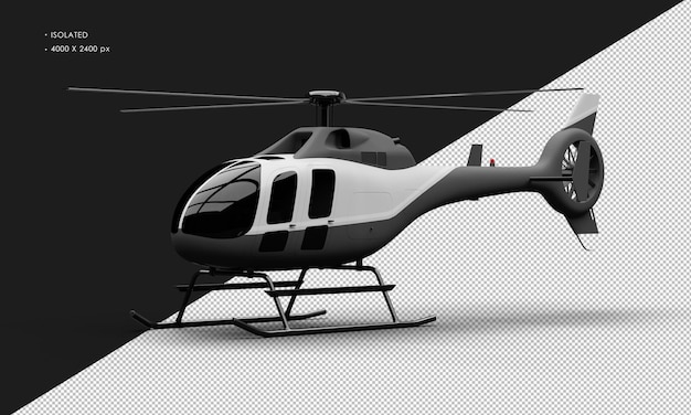 Isolierter, realistischer, mattschwarzer Ultraleicht-Mini-Hubschrauber mit weißem Akzent von der linken Vorderansicht