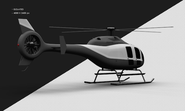Isolierter, realistischer, mattschwarzer Ultraleicht-Mini-Hubschrauber mit weißem Akzent von der rechten Rückansicht