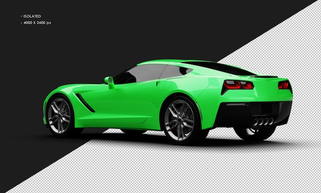 Isolierter, realistischer, metallisch grüner Luxus-Supersportwagen aus der linken Rückansicht