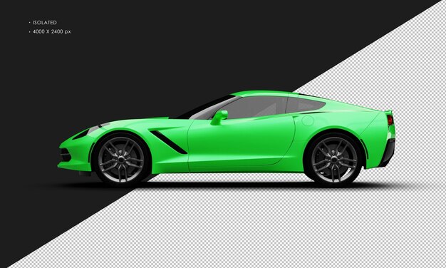 Isolierter, realistischer, metallisch grüner Luxus-Supersportwagen aus der linken Seitenansicht
