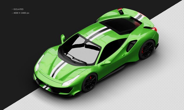 PSD isolierter, realistischer, metallisch grüner twin-turbo-supersportwagen von oben links in der vorderansicht