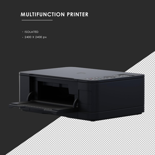 Isolierter schwarzer Multifunktionsdrucker aus der linken Vorderansicht