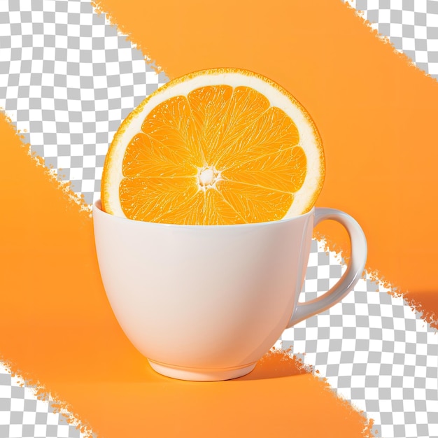 Isolierter weißer Becher mit orangefarbener Scheibe auf durchsichtigem Hintergrund