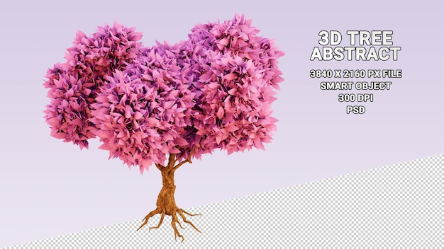 Isoliertes 3D-Modell des Baums mit abstrakten rosa Blättern auf transparentem Hintergrund