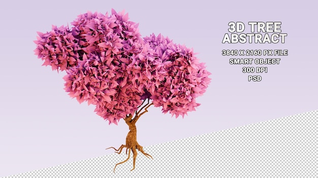 Isoliertes 3D-Modell des Baums mit abstrakten rosa Blättern auf transparentem Hintergrund