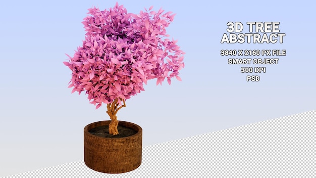 Isoliertes 3D-Modell eines Topfbaums mit abstrakten rosa Blättern auf transparentem Hintergrund