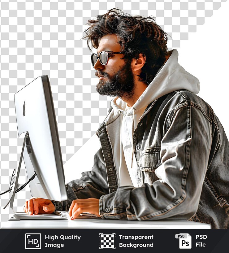 PSD isoliertes bild eines mannes, der einen computer benutzt, eine jeansjacke und einen hoodie trägt und sich auf seine arbeit konzentriert