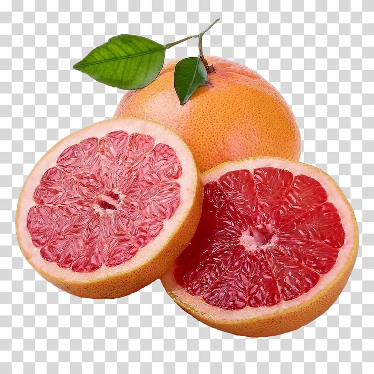 PSD isoliertes foto von grapefruit, ein ganzer und zwei hälften, durchsichtiger hintergrund