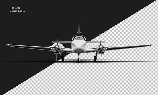 Isoliertes realistisch glänzendes weißes zweimotoriges Doppelpropellerflugzeug von der Vorderansicht