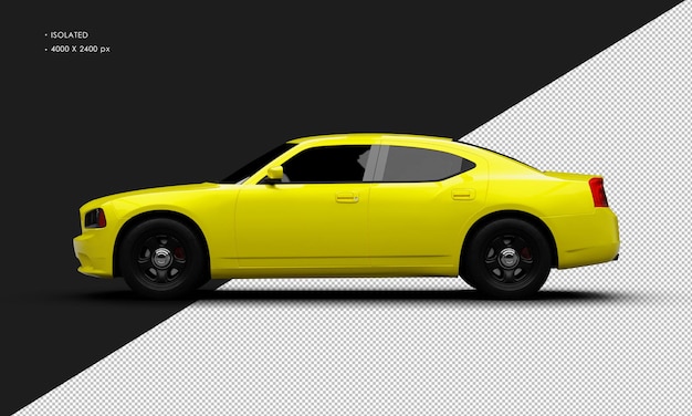 PSD isoliertes realistisches gelbes modernes muskelsport-limousinenauto von der linken seitenansicht