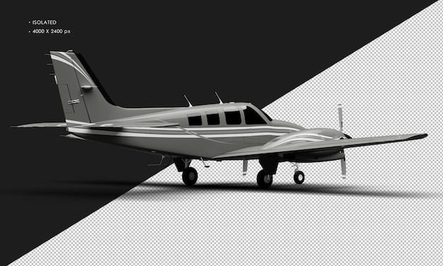 Isoliertes realistisches, glänzendes, graues, zweimotoriges flugzeug mit zwei propellern von der rechten rückansicht