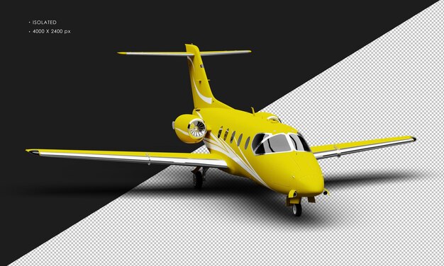 Isoliertes, realistisches, mattgelbes, zweimotoriges, mittelleichtes Jet-Flugzeug aus der rechten Vorderansicht
