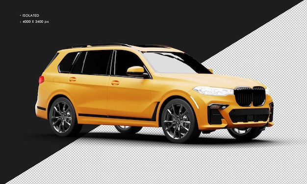 Isoliertes, realistisches, mattorangefarbenes Luxus-Modern-Grand-SUV-Auto aus der rechten Vorderansicht