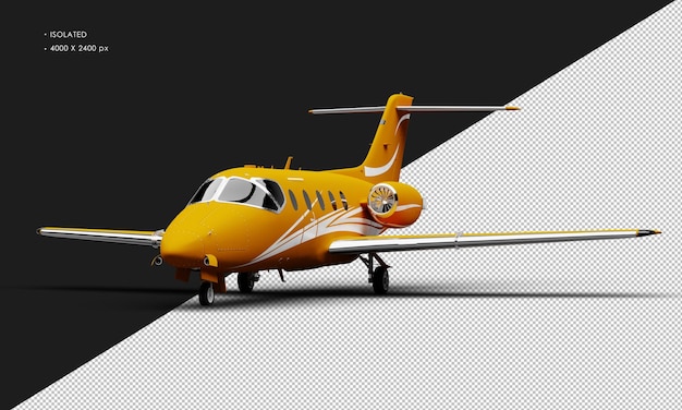 Isoliertes, realistisches, mattorangefarbenes, zweimotoriges, mittelleichtes Jet-Flugzeug aus der linken Vorderansicht