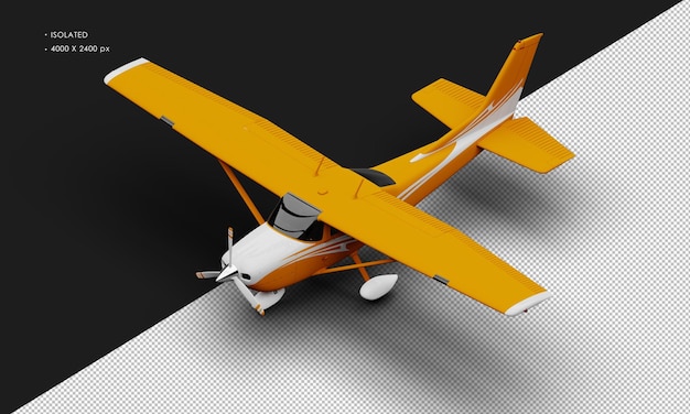 Isoliertes realistisches mattoranges einmotoriges propeller-leichtflugzeug von der oberen linken vorderansicht