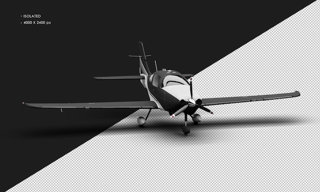 Isoliertes realistisches mattschwarzes einmotoriges Propeller-Low-Wing-Leichtflugzeug von rechts vorne Angl
