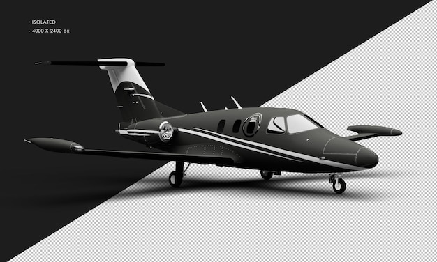 Isoliertes realistisches mattschwarzes zweimotoriges leichtes Jet-Flugzeug von der rechten Vorderansicht