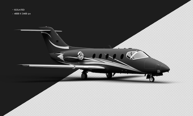 Isoliertes realistisches mattschwarzes zweimotoriges mittelleichtes Jet-Flugzeug von der rechten Vorderansicht