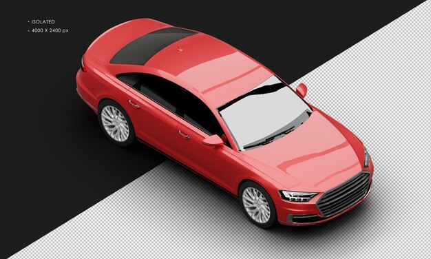 Isoliertes, realistisches, metallisch rotes, elegantes, modernes Stadtlimousinenauto von oben rechts